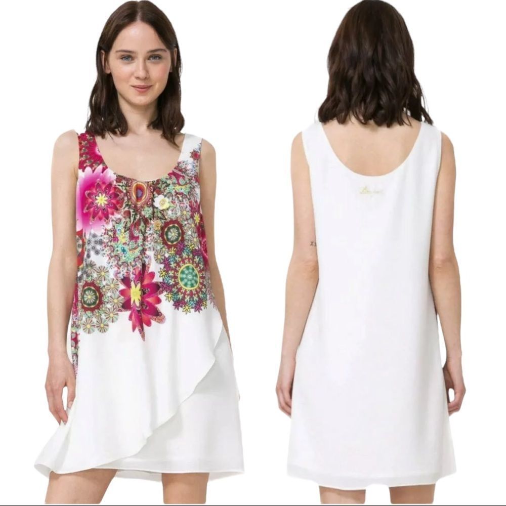 Desigual White Mini Dress with Pink Floral Print